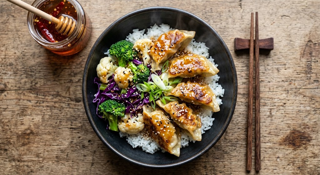Hot honey dumpling bowl with rice, veggies and glaze, overhead