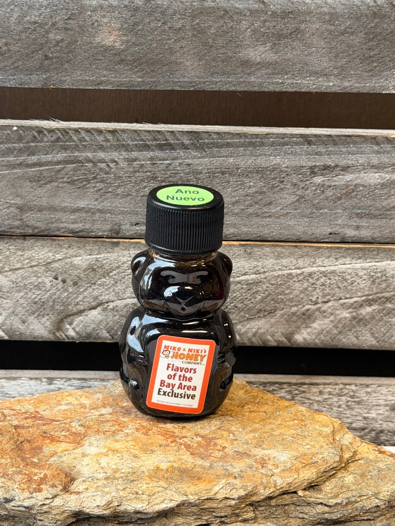 Año Nuevo Wildflower Honey 2oz Bear – Bay Area Exclusive black cap – local Silicon Valley honey from Mike and Nikis Honey Company