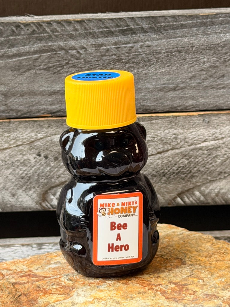 2oz Honey Bear – Bee A Hero personality with yellow cap – Mike and Nikis Honey Company Silicon Valley local honey