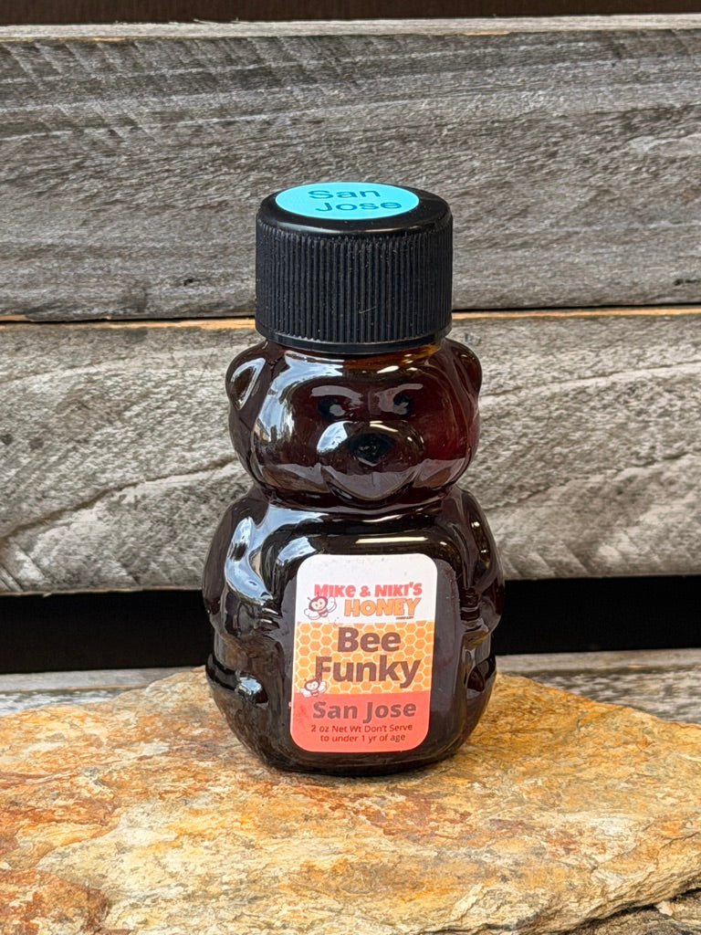 San Jose Wildflower Honey 2oz Bear – Bee Funky personality blue cap – San Jose local honey