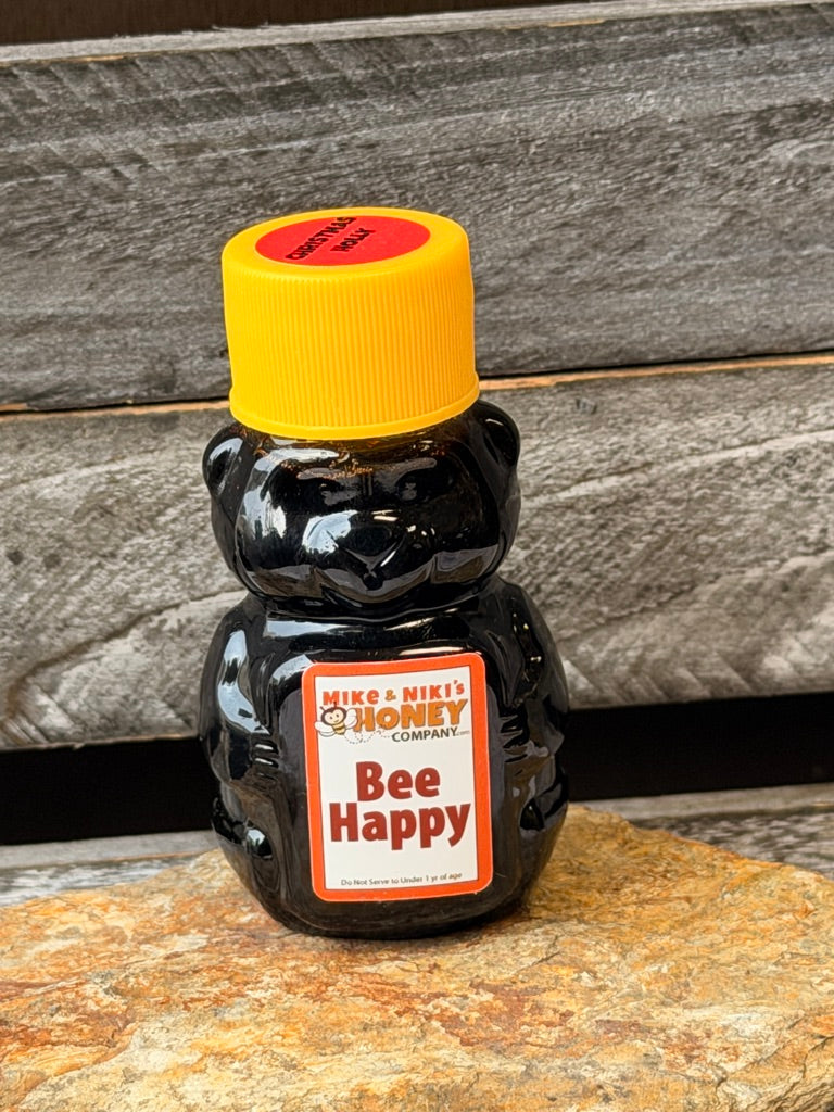 Buckwheat Honey 2oz Bear – Bee Happy personality yellow cap – rich dark buckwheat varietal