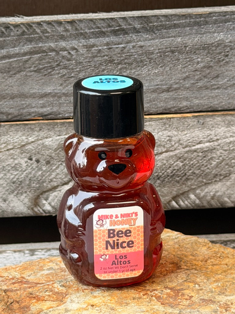 Los Altos Wildflower Honey 2oz Bear – Bee Nice personality – Los Altos Hills local honey