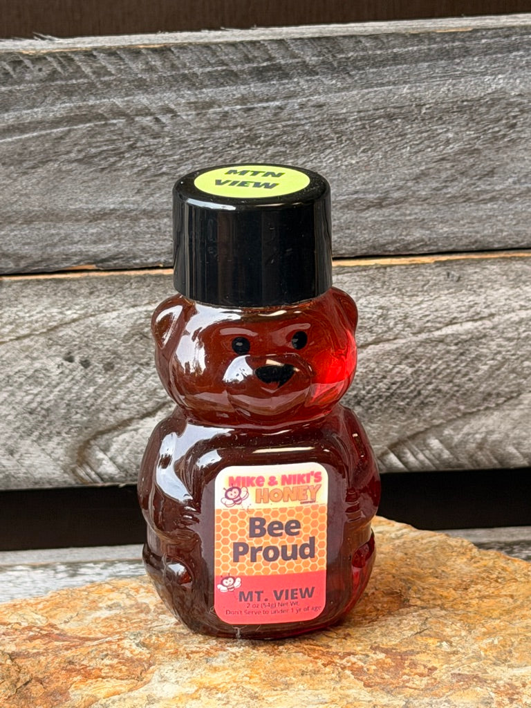 Mountain View Wildflower Honey 2oz Bear – Bee Proud personality – Mountain View Silicon Valley honey