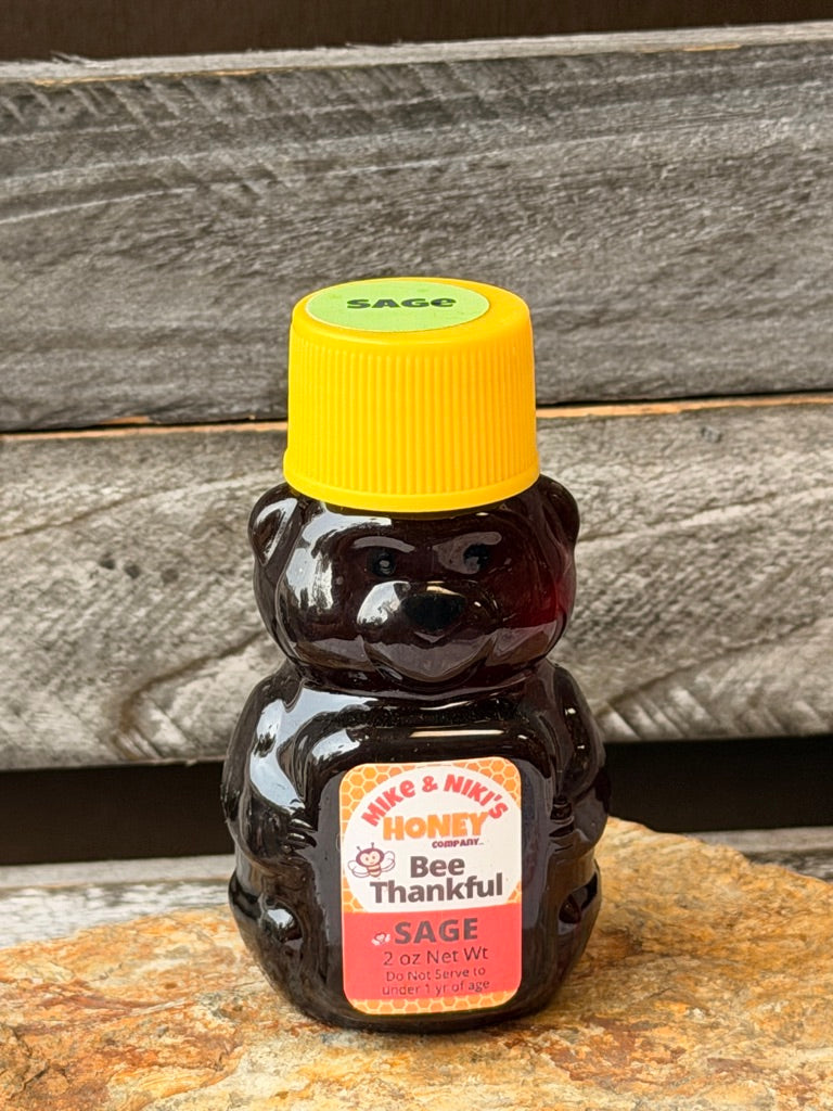 Sage Honey 2oz Bear – Bee Thankful personality yellow cap – California sage blossom honey