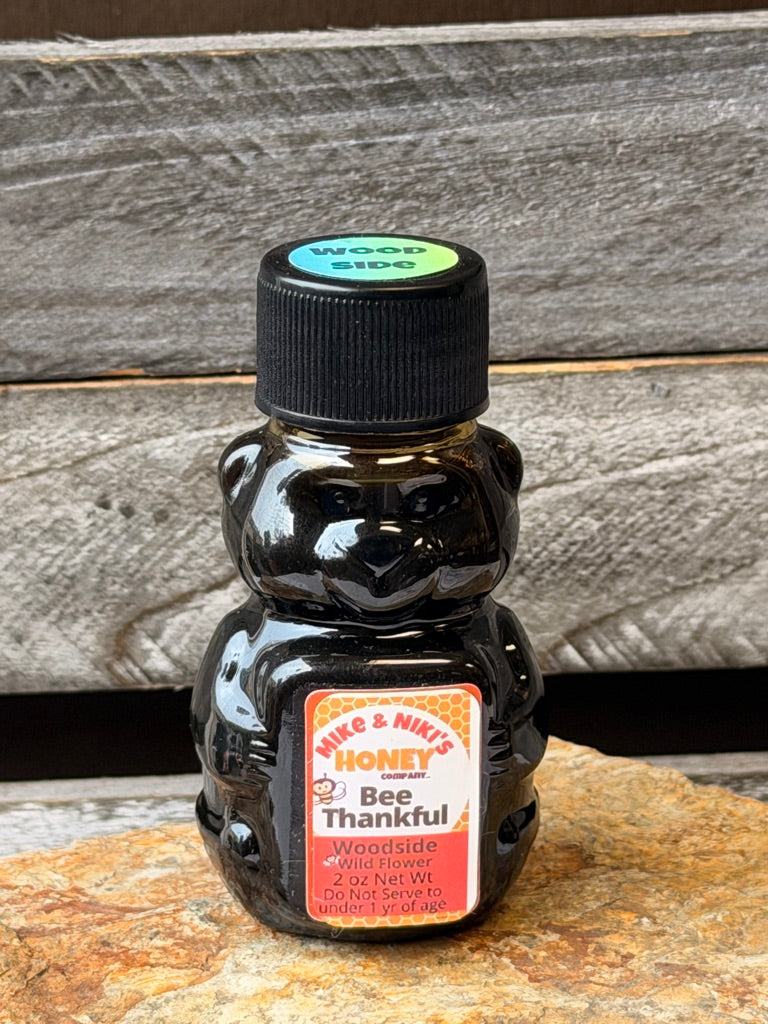 Woodside Wildflower Honey 2oz Bear – Bee Thankful personality – Woodside Peninsula local honey