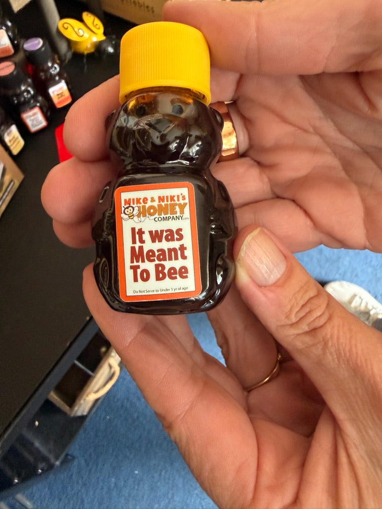 Mike and Nikis Honey Company 2oz honey bear held in hand – local Silicon Valley honey, perfect gift size