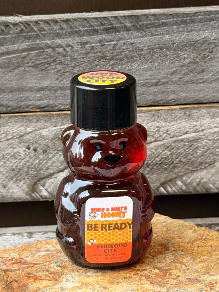 Redwood City Wildflower Honey 2oz Bear – Be Ready – local San Mateo County honey from Mike and Nikis Honey Company