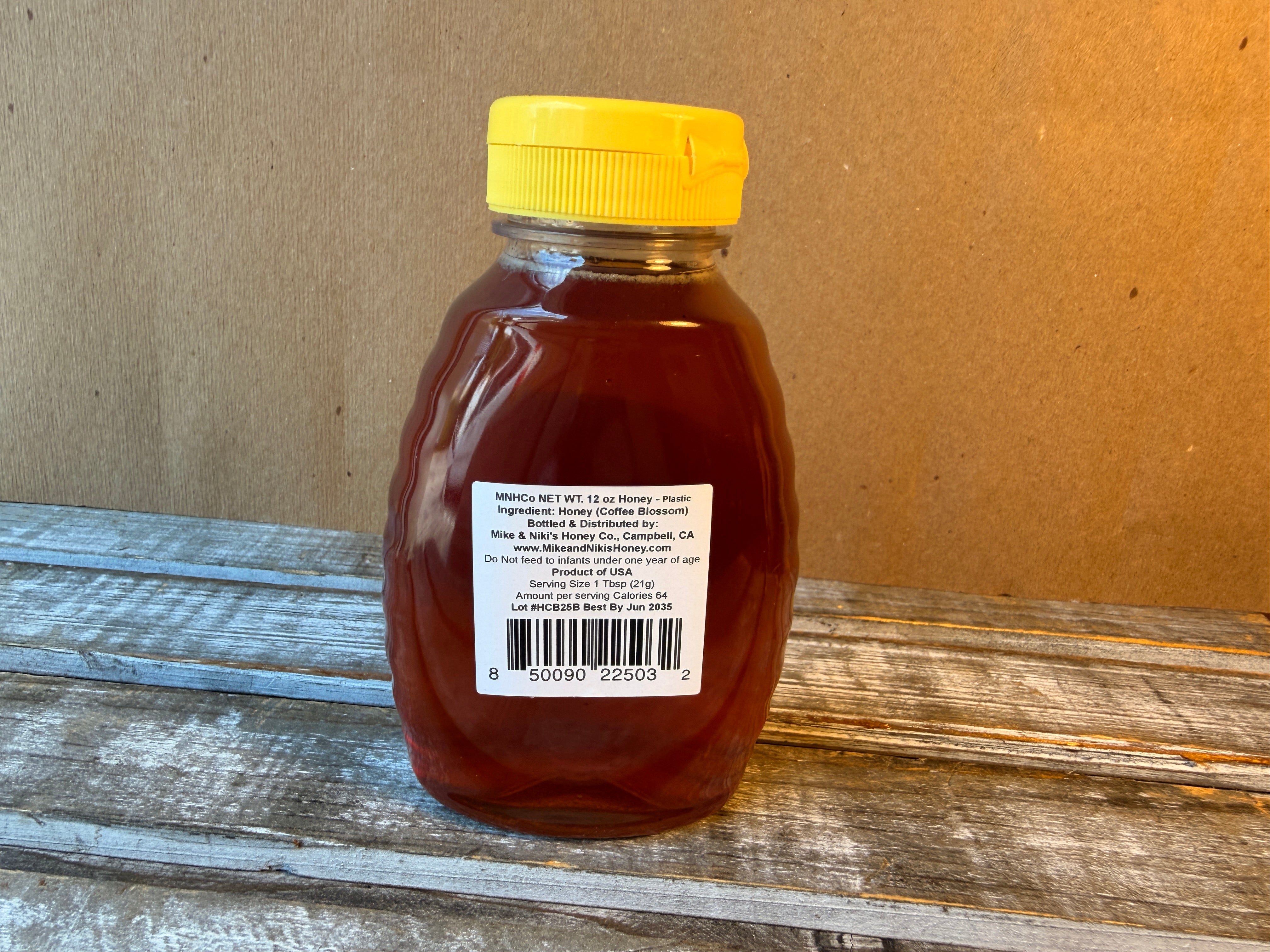 Mike & Niki's Honey Company Coffee Blossom Honey, 12 oz back label with UPC barcode 850090225032