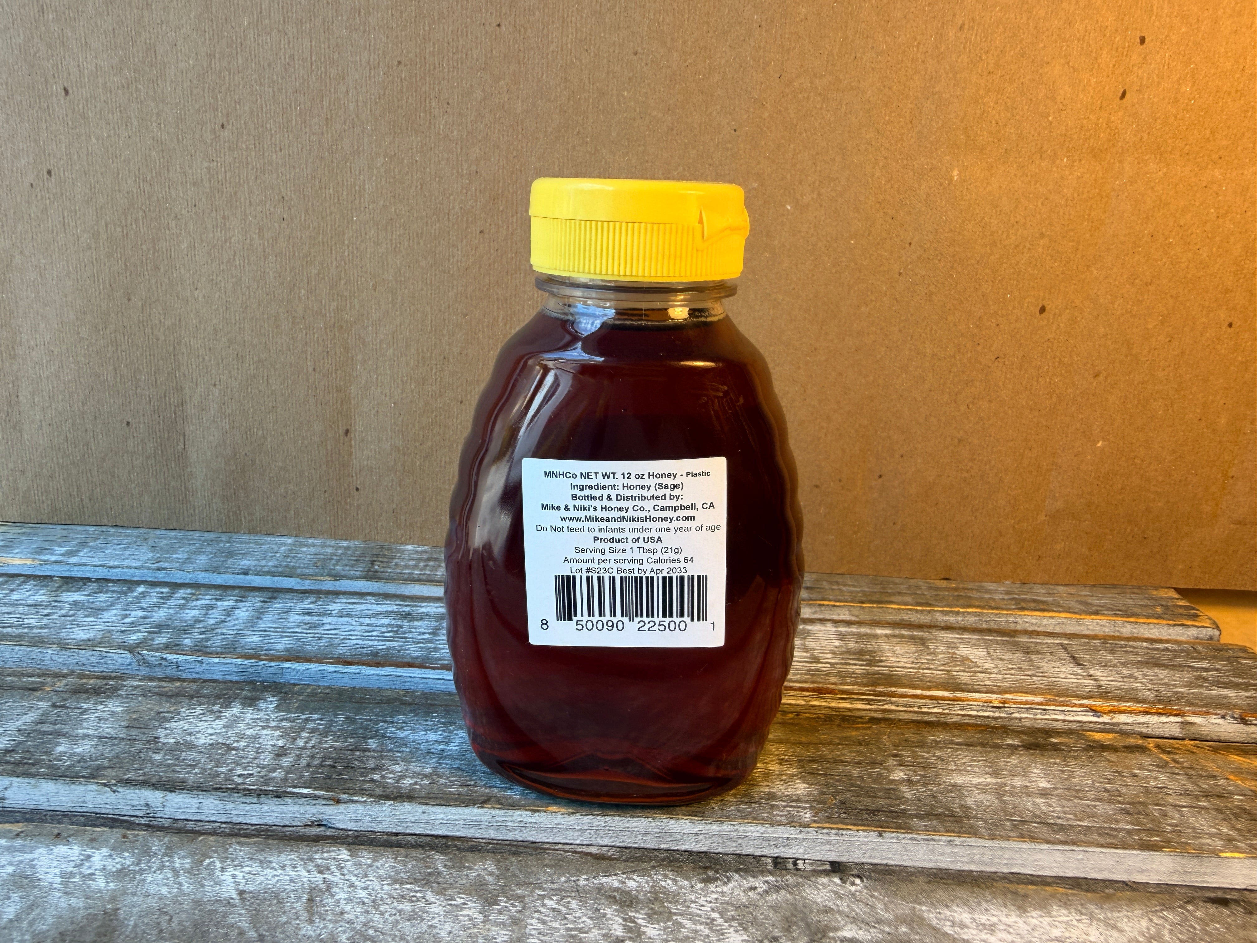 Mike & Niki's Honey Company Sage Honey, 12 oz back label with UPC barcode 850090225001