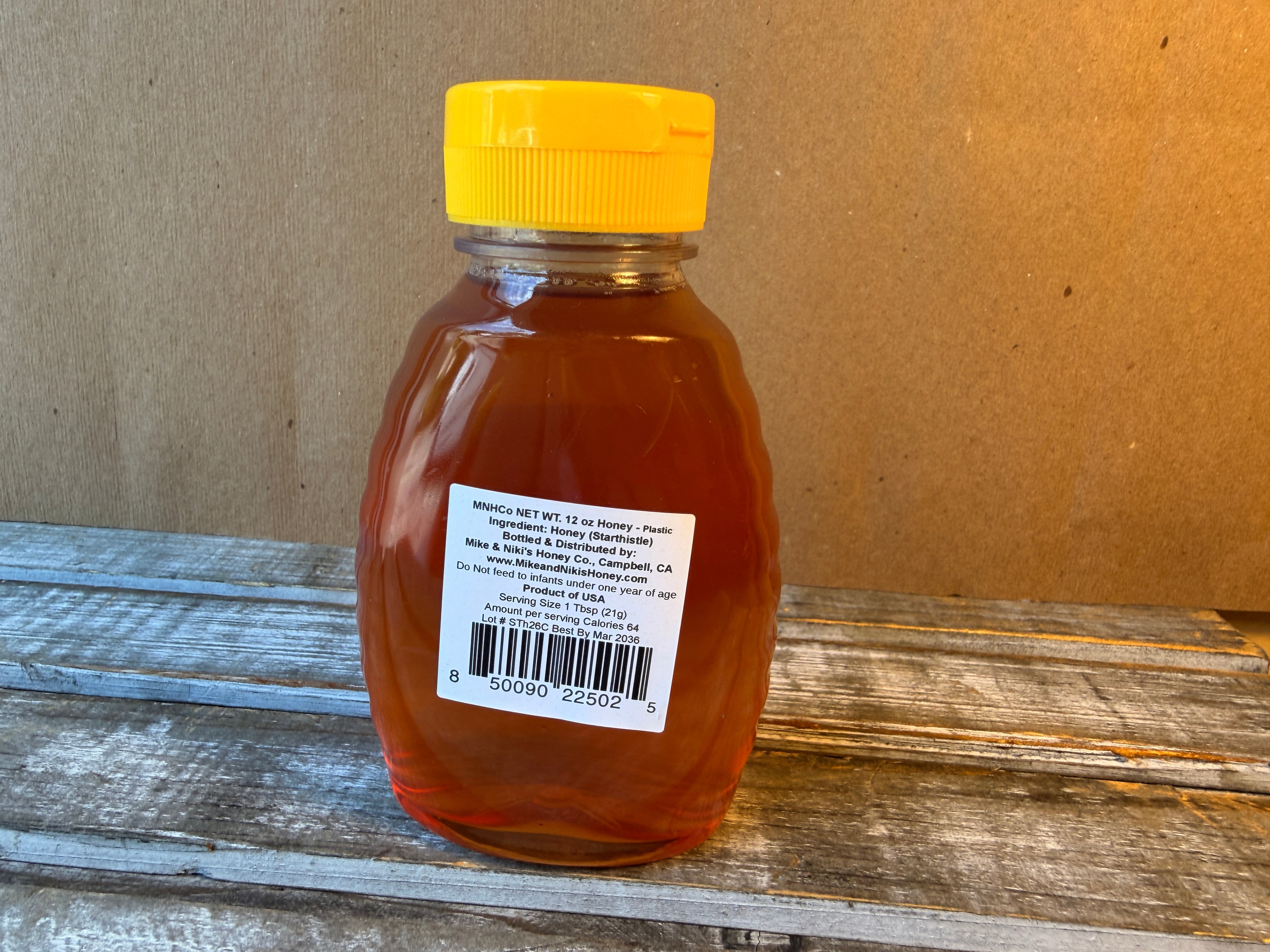Mike & Niki's Honey Company Star-thistle Honey, 12 oz back label with UPC barcode 850090225025