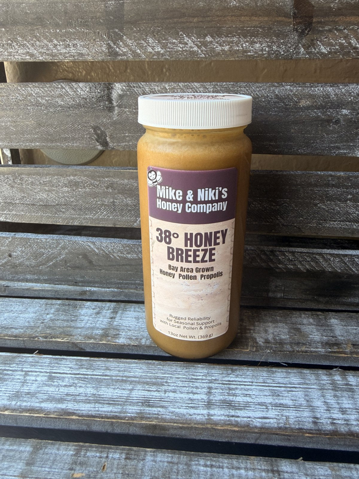 Honey Breeze – filled jar of creamed Bay Area honey with pollen and propolis, front label