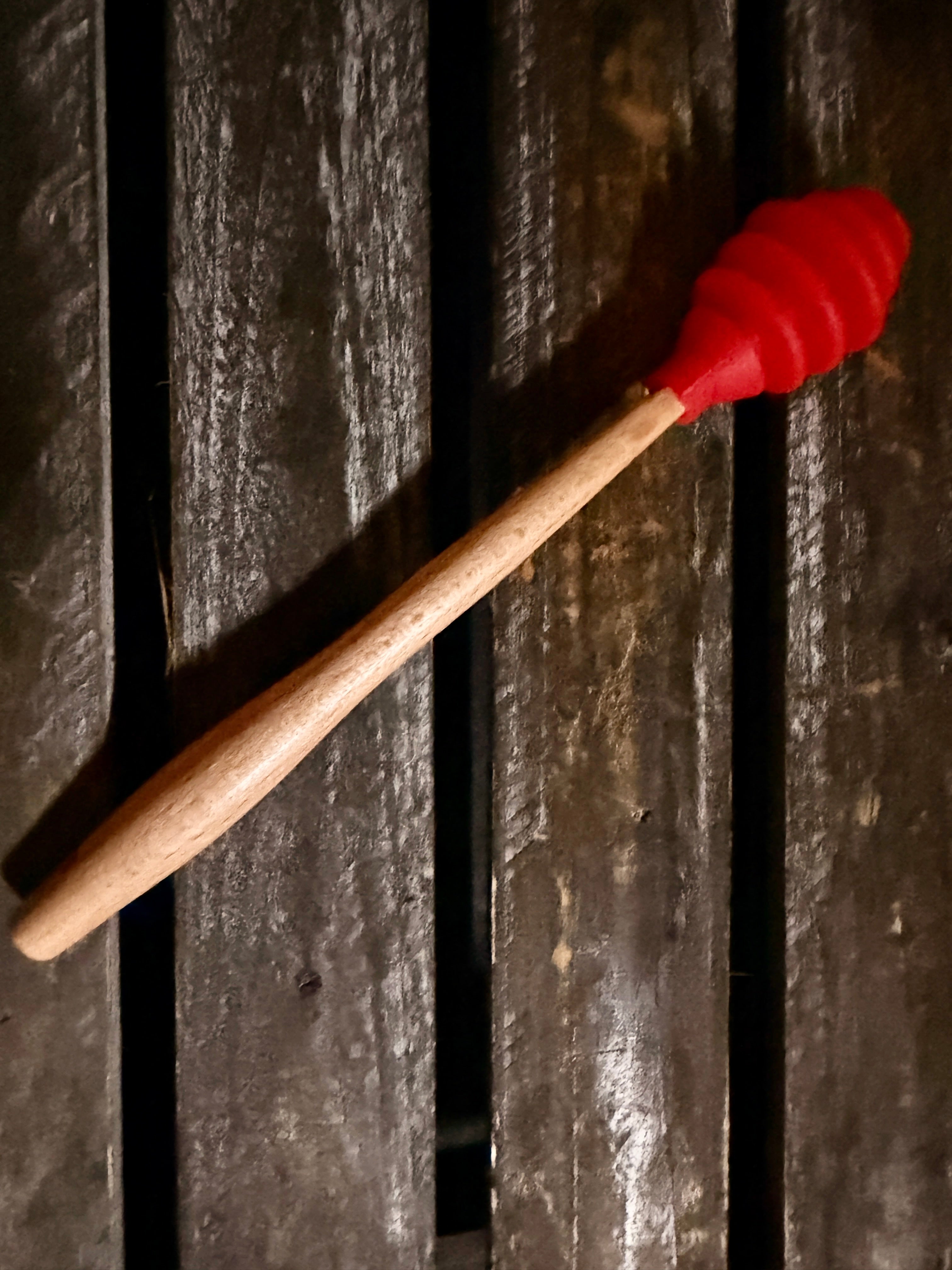 Red silicone honey dipper with wood handle